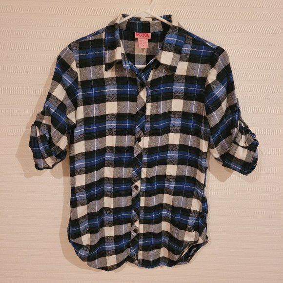 Medium Blue/White/Black Button Down Flannel Shirt by brand "She Scool" - Picture 1 of 4